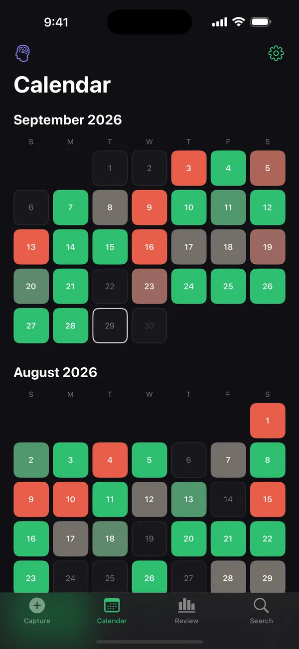 Halname calendar: each day colored from coral to emerald by the moments logged
