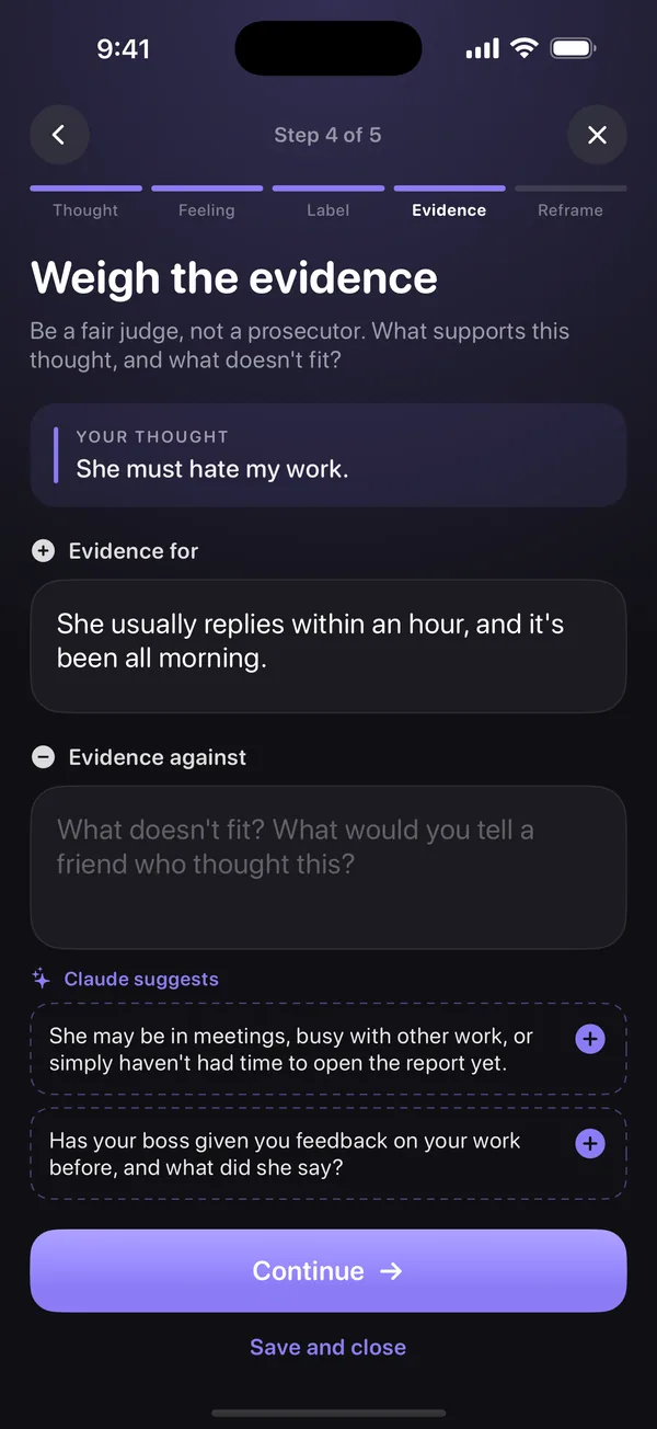 Evidence step: evidence for and against, with Claude's suggestions to add