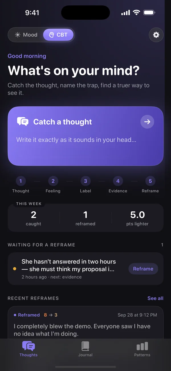 Halname CBT mode home: 'What's on your mind?' with a Catch a thought card and the five steps of a thought record