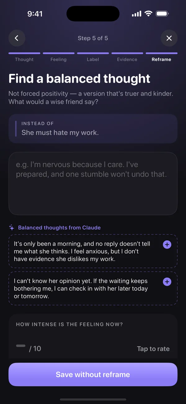 Reframe step: two balanced thoughts suggested by Claude