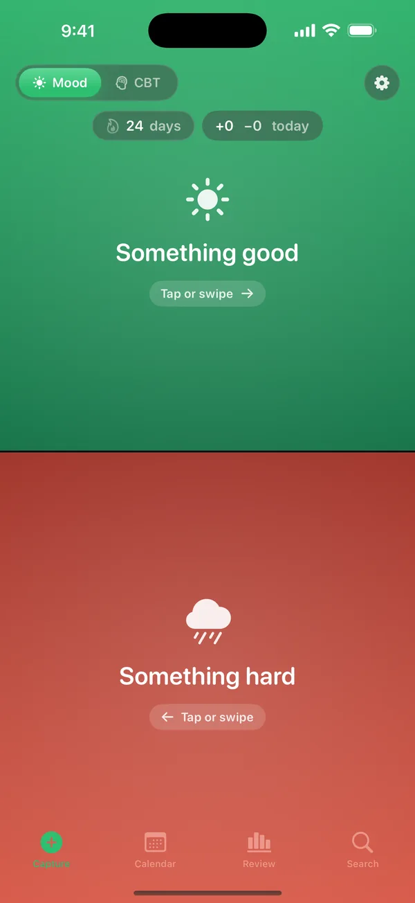 Halname mood tracking: the screen split into a green 'Something good' half and a coral 'Something hard' half